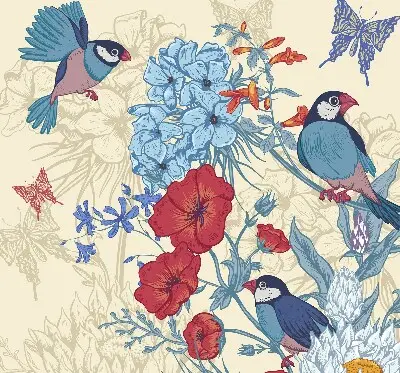 Roller blind for large window birds among the flowers pattern