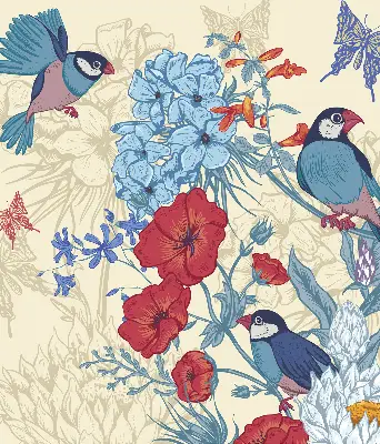 Roller blind for large window birds among the flowers pattern