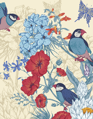 Roller blind for large window Birds among the flowers