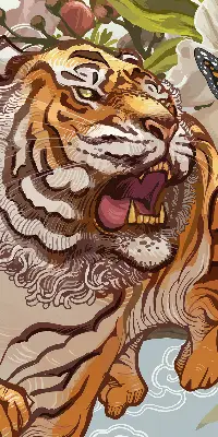 Fabric roller blind with tiger in flowers print