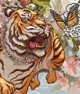 Fabric roller blind Tiger in flowers