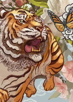 Fabric roller blind with tiger in flowers print