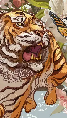 Fabric roller blind with tiger in flowers print