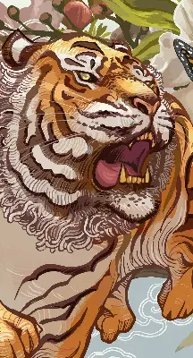 Fabric roller blind with tiger in flowers print