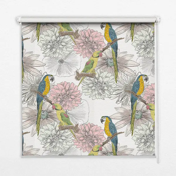 Blackout roller blind with parrots on a branch pattern