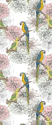 Blackout roller blind with parrots on a branch pattern
