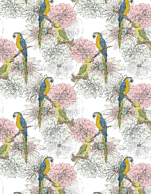 Blackout roller blind with parrots on a branch pattern