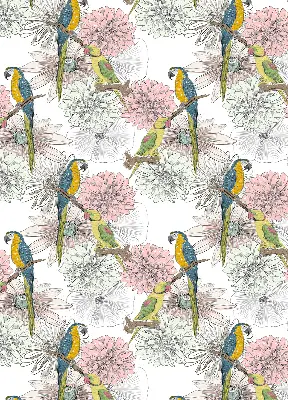 Blackout roller blind with parrots on a branch pattern