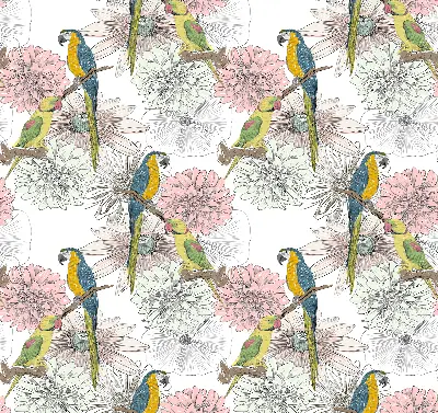 Blackout roller blind with parrots on a branch pattern