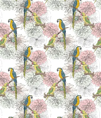 Blackout roller blind with parrots on a branch pattern