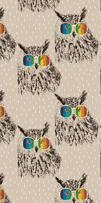 Fabric roller blind for window with owls wearing colorful glasses
