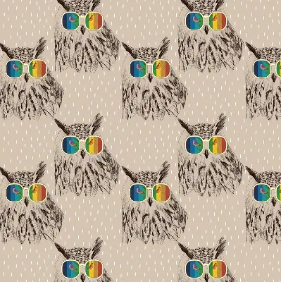 Fabric roller blind for window with owls wearing colorful glasses