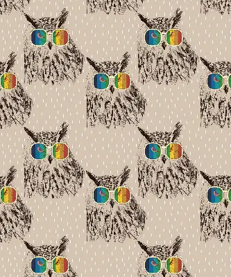 Fabric roller blind for window with owls wearing colorful glasses