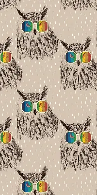 Fabric roller blind for window with owls wearing colorful glasses