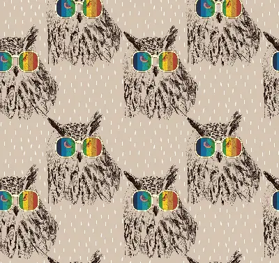 Fabric roller blind for window with owls wearing colorful glasses