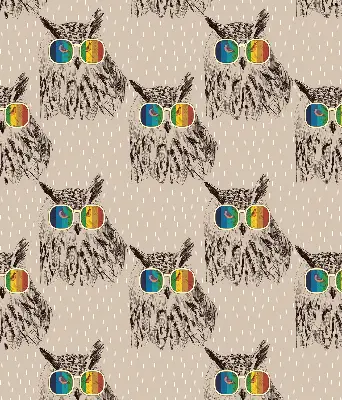 Fabric roller blind for window with owls wearing colorful glasses
