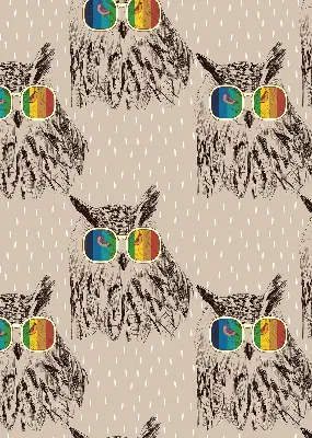 Fabric roller blind for window with owls wearing colorful glasses