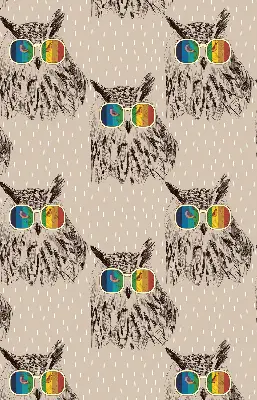 Fabric roller blind for window with owls wearing colorful glasses