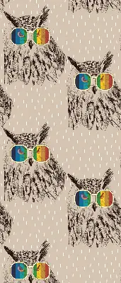 Fabric roller blind for window with owls wearing colorful glasses