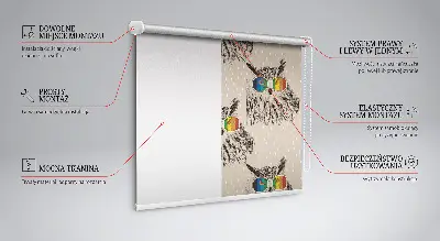 Fabric roller blind for window with owls wearing colorful glasses