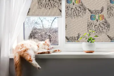 Fabric roller blind for window with owls wearing colorful glasses