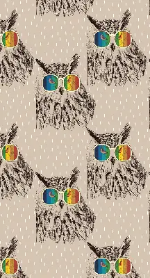 Fabric roller blind for window with owls wearing colorful glasses
