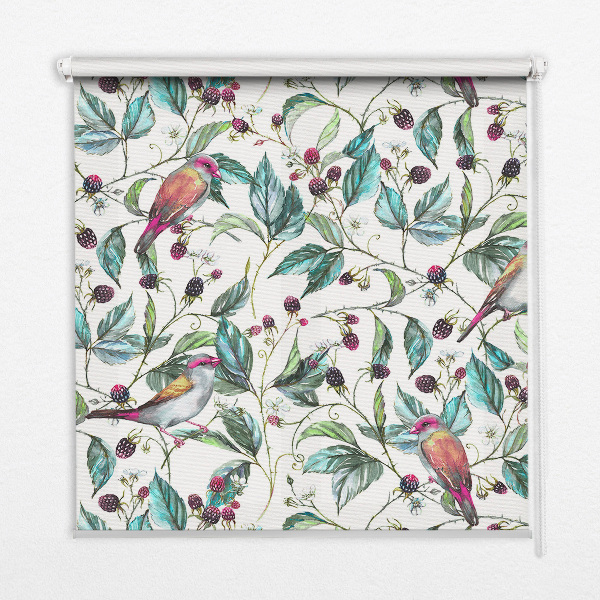 Fabric roller blind for window Blue leaves and colorful birds