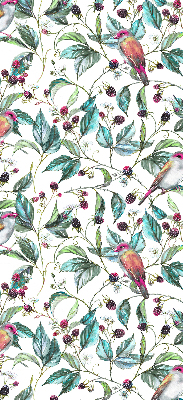 Fabric roller blind for window Blue leaves and colorful birds