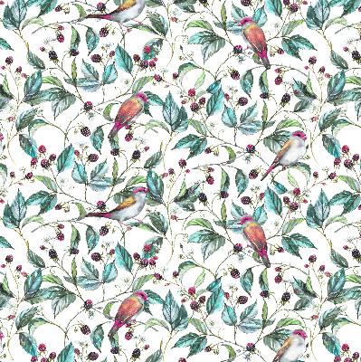 Fabric roller blind for window Blue leaves and colorful birds