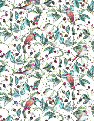 Fabric roller blind for window Blue leaves and colorful birds