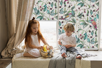 Fabric roller blind for window Blue leaves and colorful birds