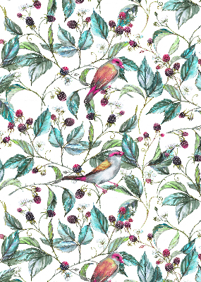 Fabric roller blind for window blue leaves and colorful birds pattern