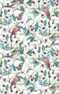 Fabric roller blind for window blue leaves and colorful birds pattern