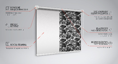 Blackout roller blind for window with a gray leaf pattern