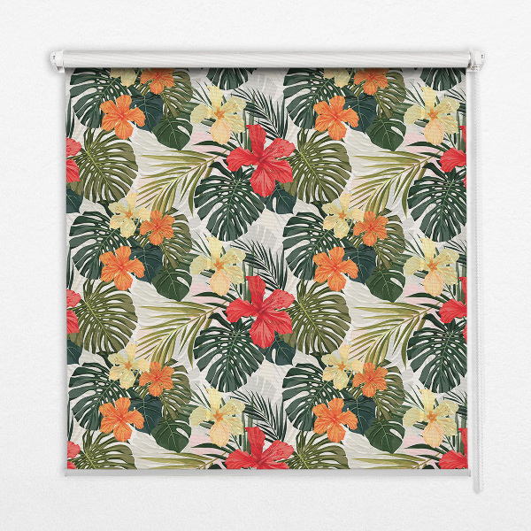 Fabric roller blind for window with tropical flowers and leaves