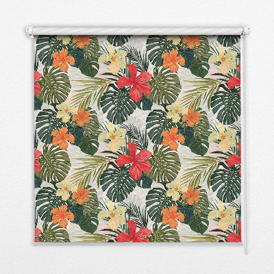 Fabric roller blind for window with tropical flowers and leaves