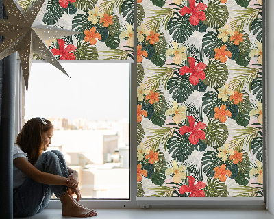 Fabric roller blind for window Tropical flowers and leaves