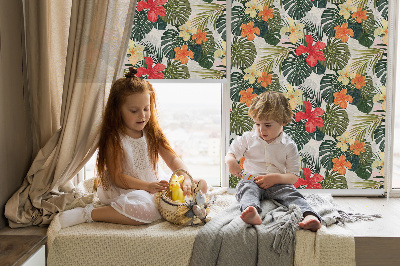 Fabric roller blind for window with tropical flowers and leaves