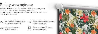 Fabric roller blind for window with tropical flowers and leaves