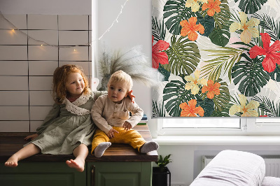 Fabric roller blind for window Tropical flowers and leaves