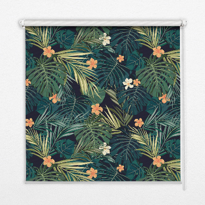 Blackout roller blind with a tropical leaves and flowers print