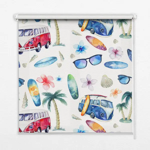 Fabric roller blind for window Hawaii cars and palm trees design