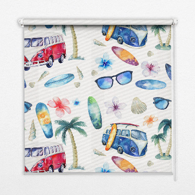 Fabric roller blind for window Hawaii cars and palm trees design