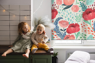 Fabric roller blind for window poppy pattern