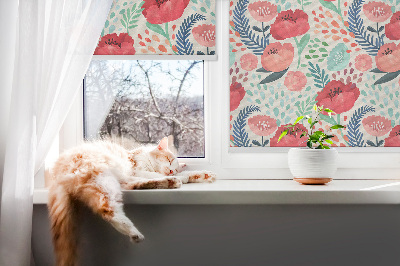 Fabric roller blind for window poppy pattern