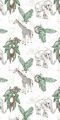 Blackout roller blind with a giraffes, elephants and leaves pattern