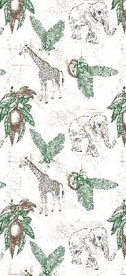 Blackout roller blind with a giraffes, elephants and leaves pattern