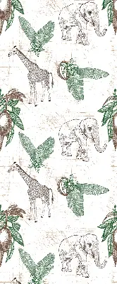 Blackout roller blind with a giraffes, elephants and leaves pattern