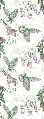 Blackout roller blind with a giraffes, elephants and leaves pattern