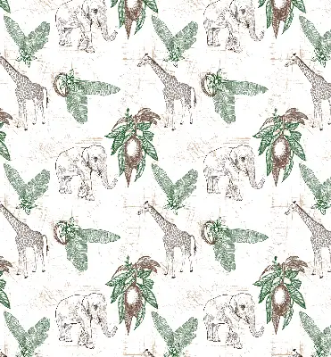 Blackout roller blind with a giraffes, elephants and leaves pattern